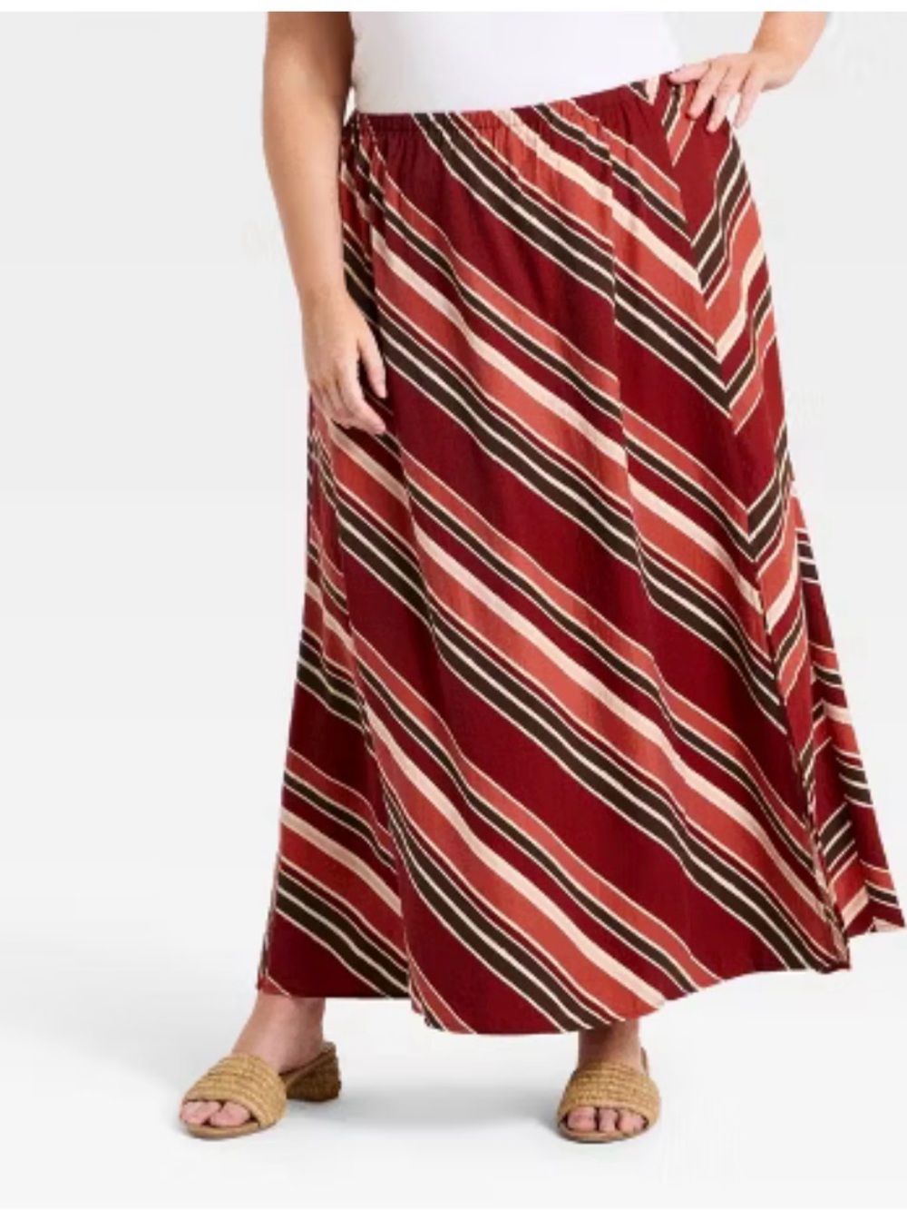 Ava & Vic elastic waist Women's Plus Full Maxi Skirt slit in rust stripes 2X